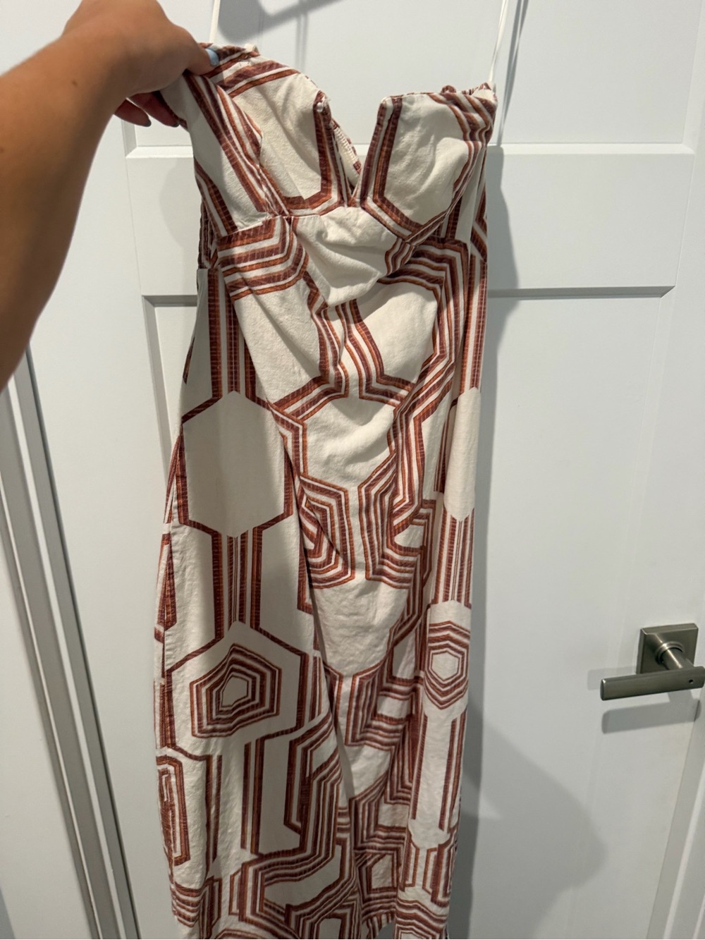 Anthropologie Strapless Maxi Dress in Cream and Rust Geometric Print